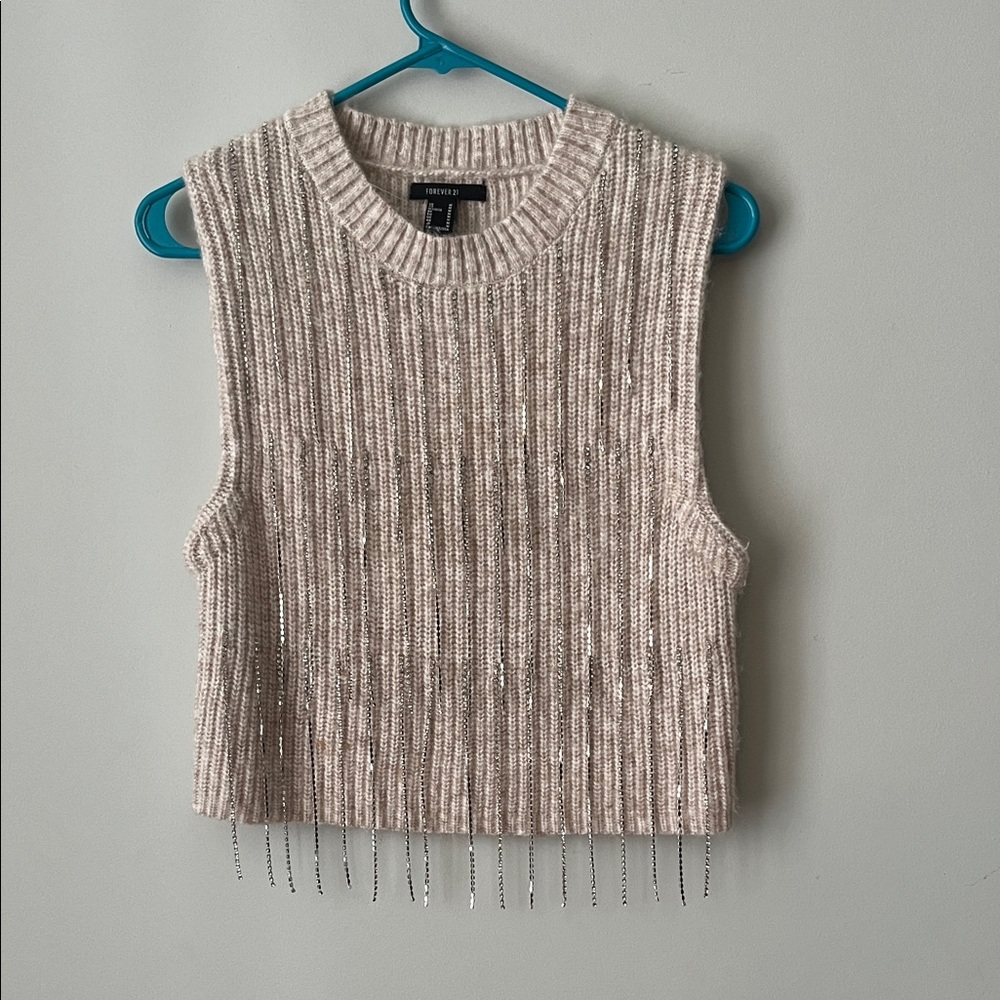 Forever 21 Beige Ribbed Sweater with Rhinestone Fringe